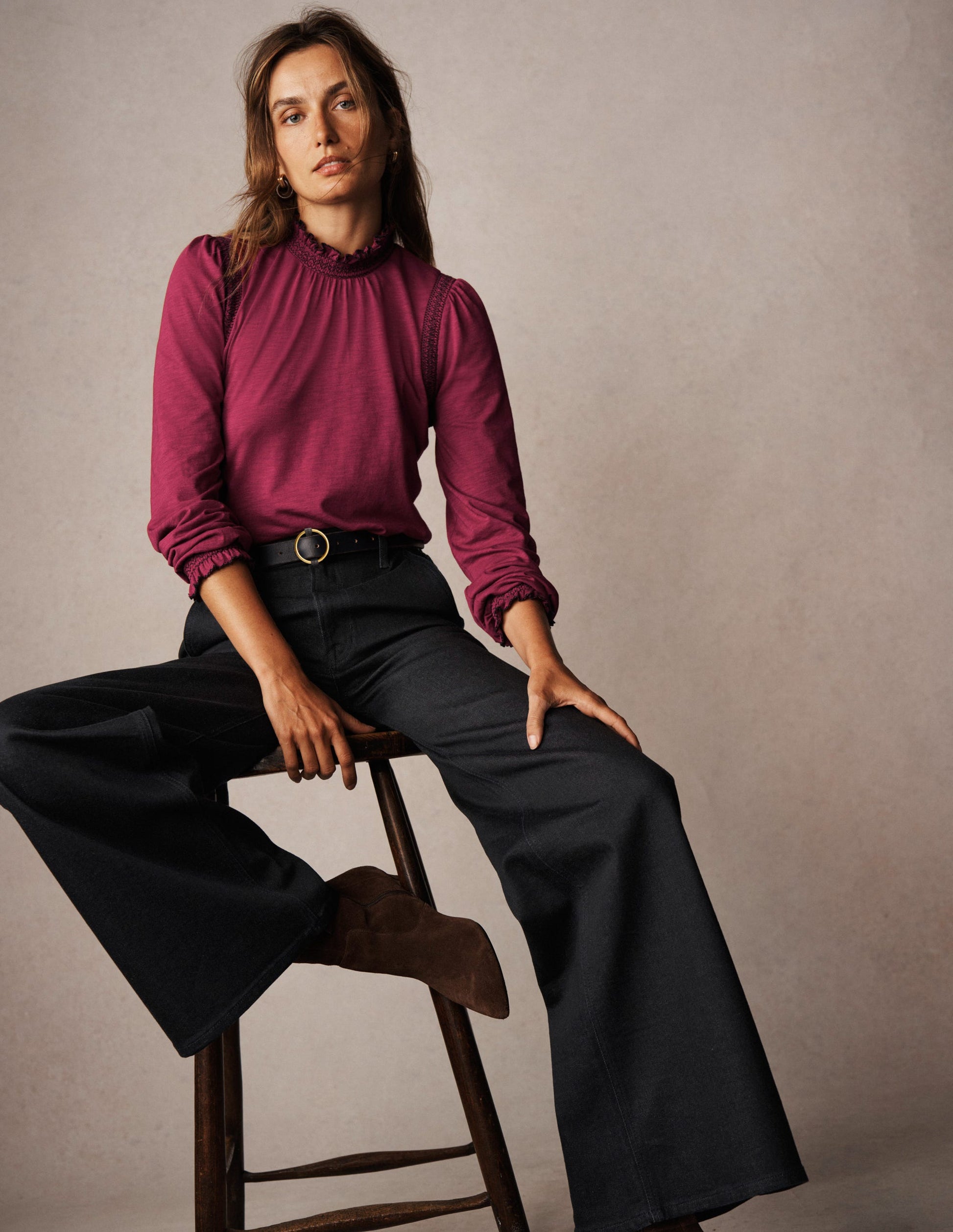 Tia Smocked Neck Jersey Top-Ruby Red-5