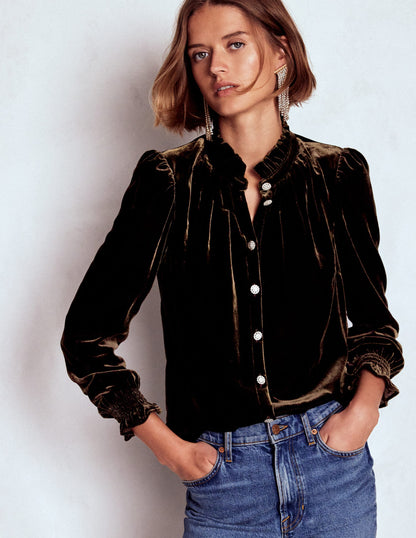 Lorna Pleat Neck Velvet Top-Espresso-5