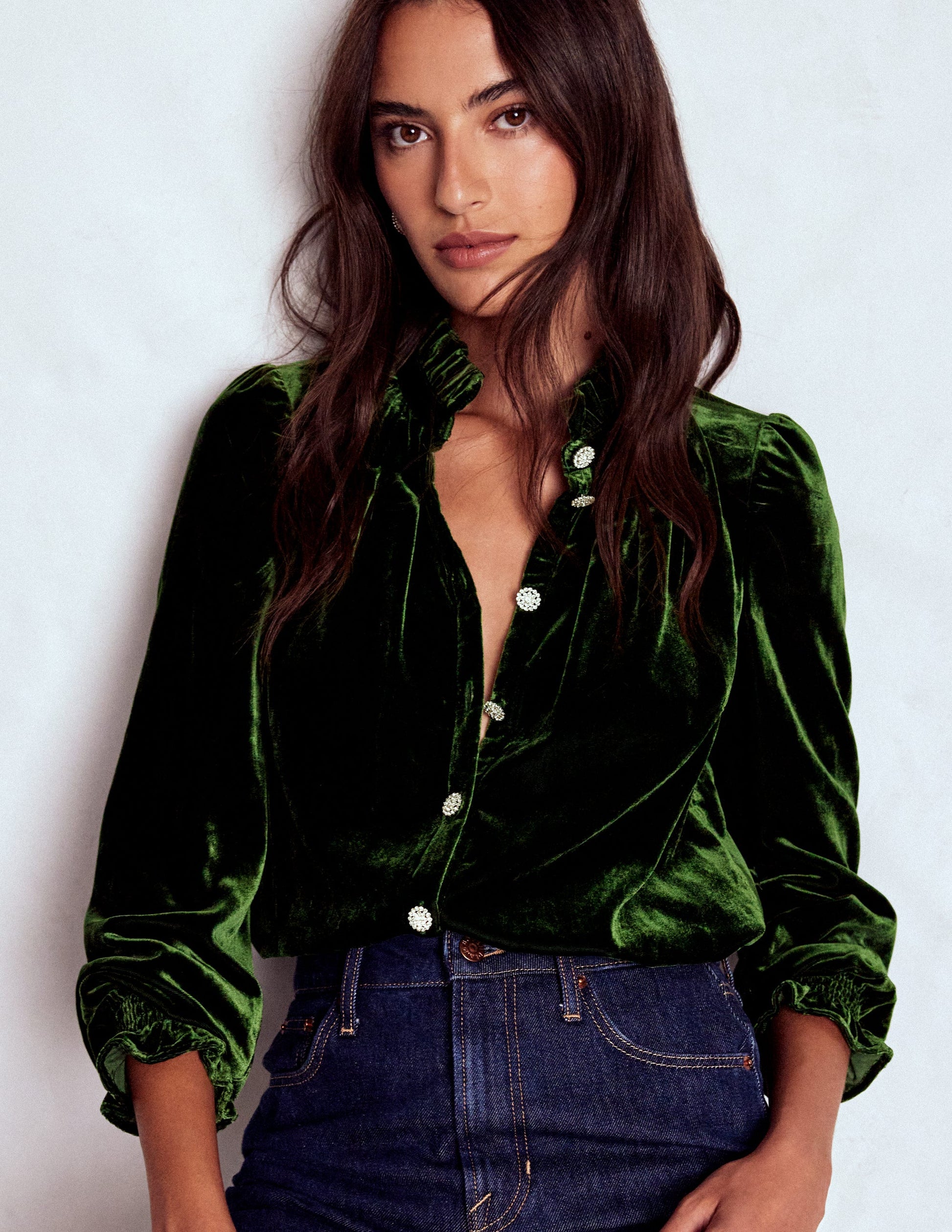 Lorna Pleat Neck Velvet Top-Green Fir-1