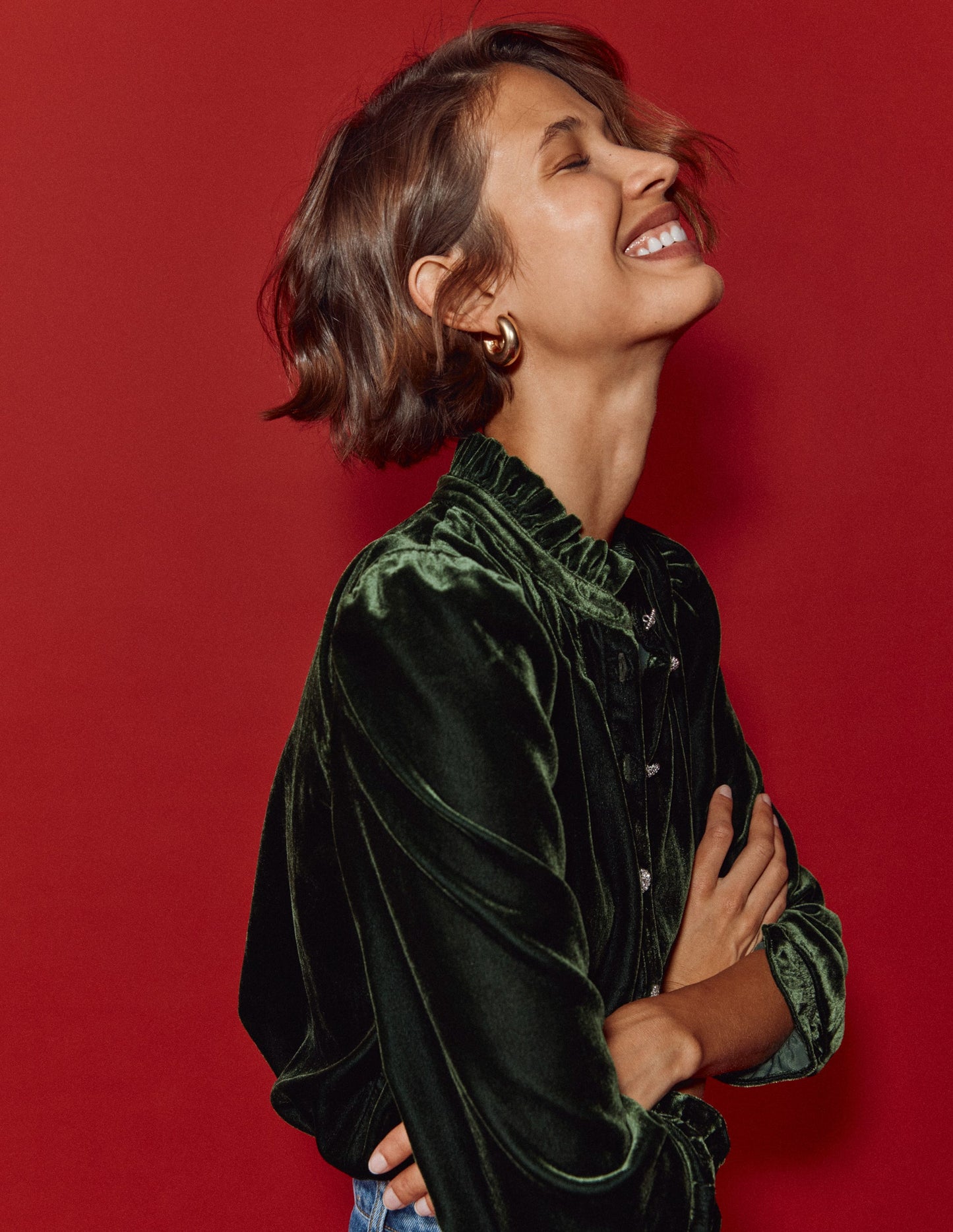 Lorna Pleat Neck Velvet Top-Green Fir