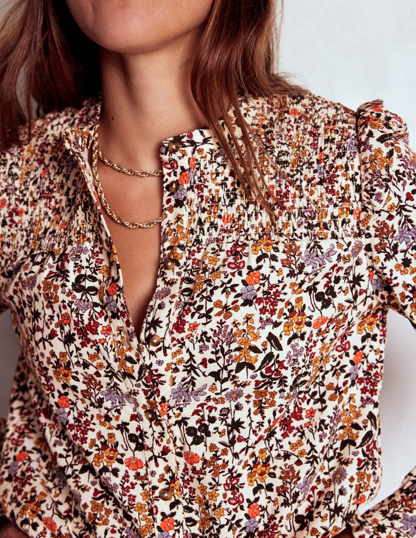 Smocked Yoke Cord Top-Ivory Floral