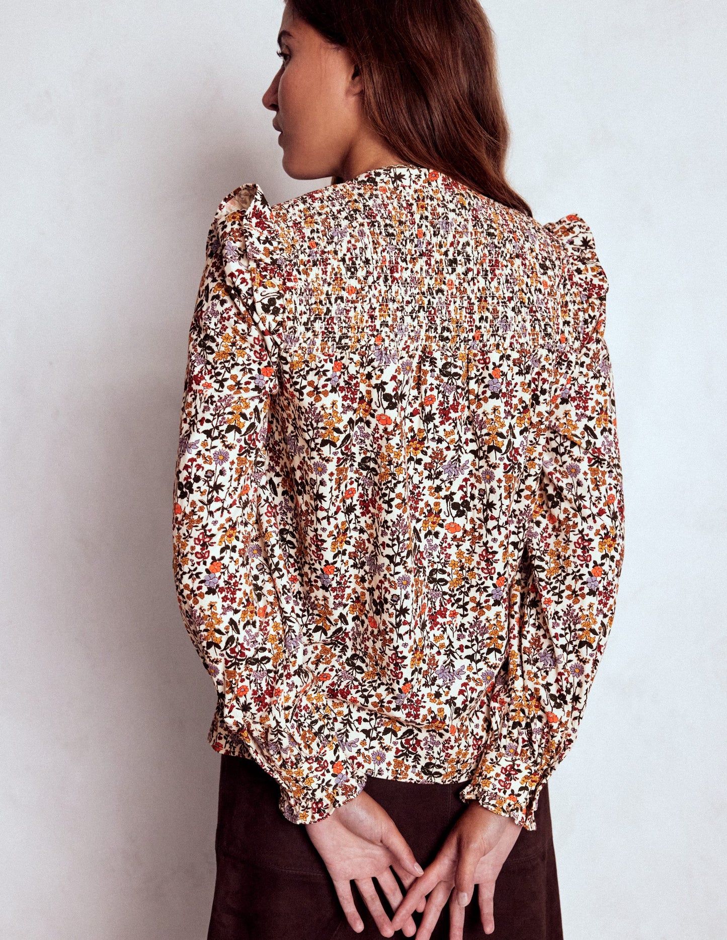 Smocked Yoke Cord Top-Ivory Floral