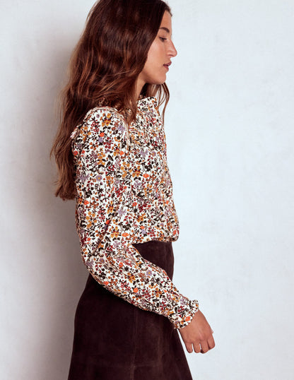 Smocked Yoke Cord Top-Ivory Floral-4