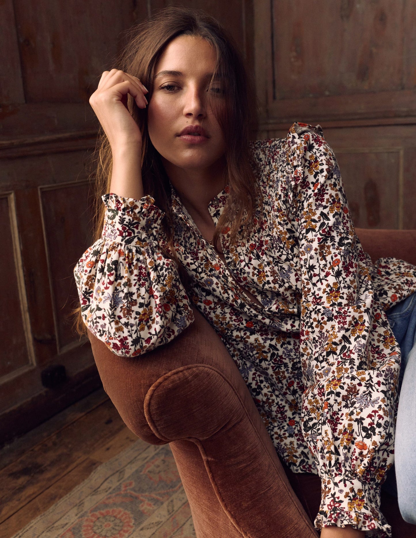 Smocked Yoke Cord Top-Ivory Floral