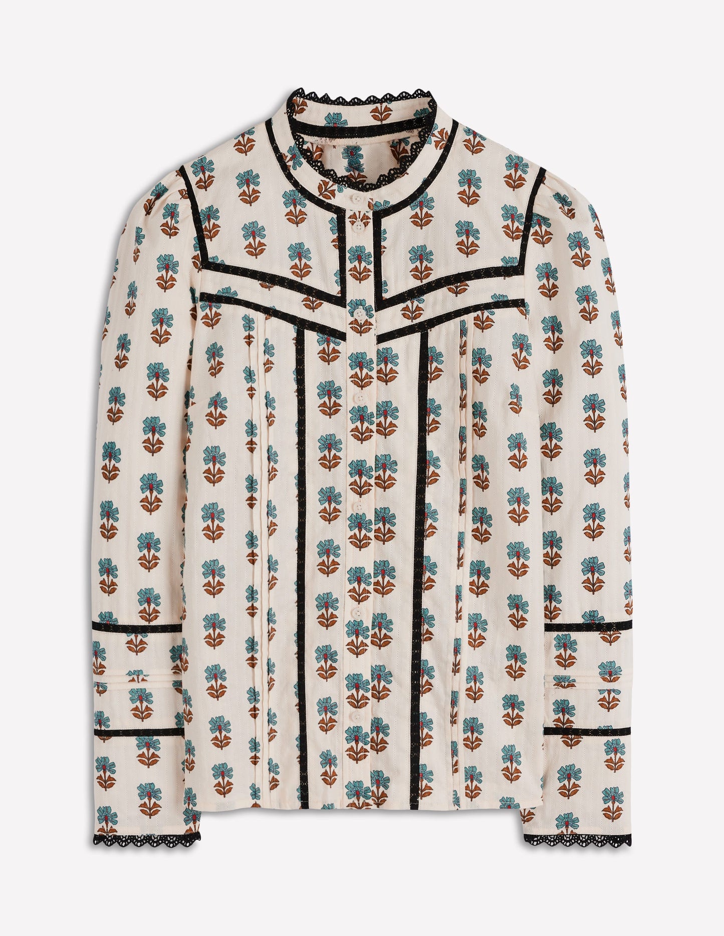 Cotton Lace Trim Top-Ivory, Woodblock Flower