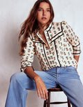 Carmen Trim Detail Cotton Top-Ivory, Woodblock Flower