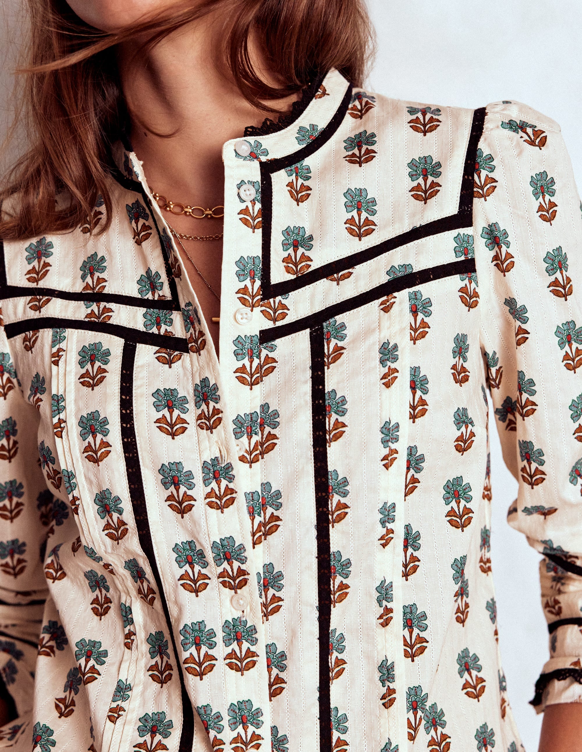 Carmen Trim Detail Top-Ivory, Woodblock Flower - Image 2