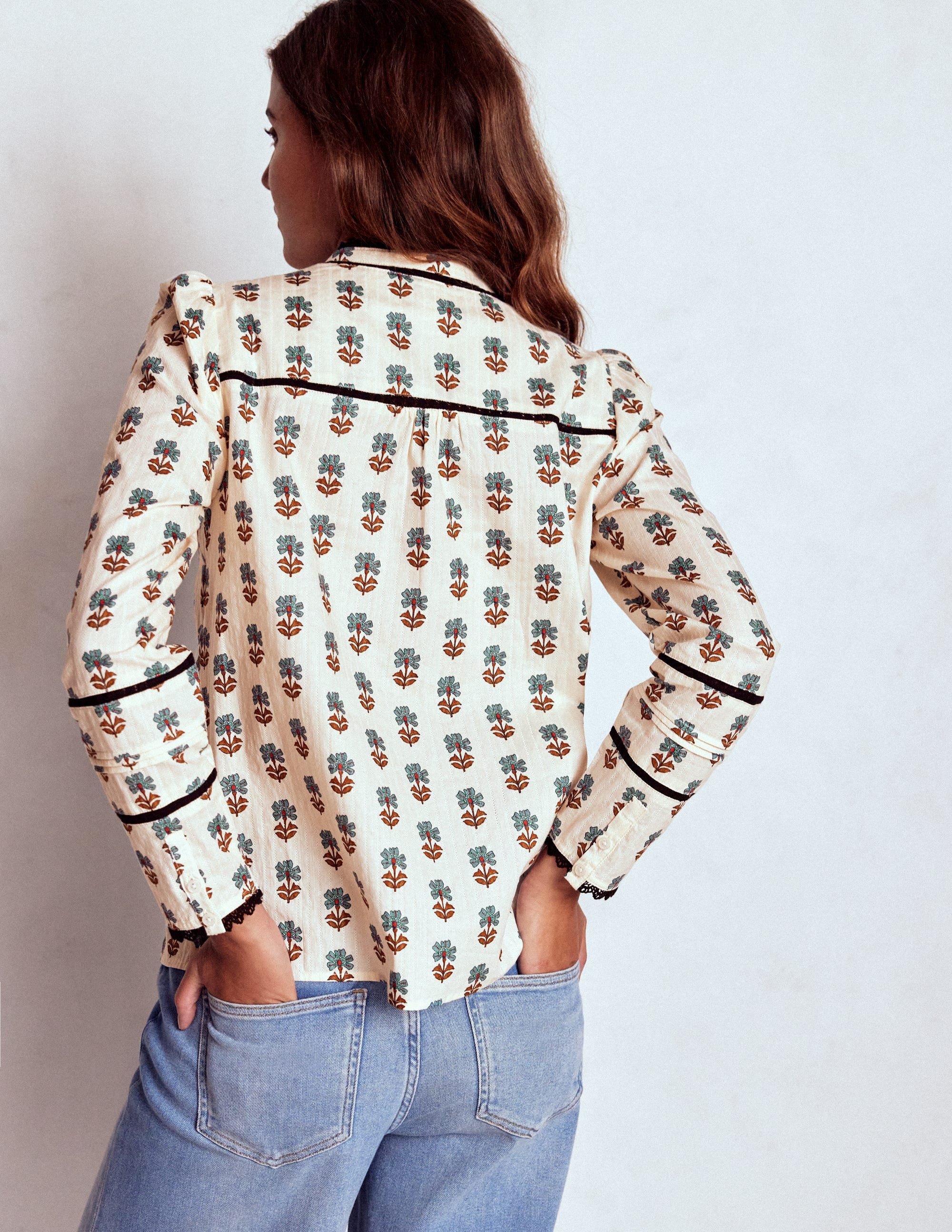 Carmen Trim Detail Top-Ivory, Woodblock Flower - Image 3