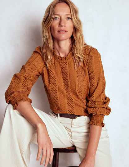 Frill Detail Broderie Top-Mustard-4