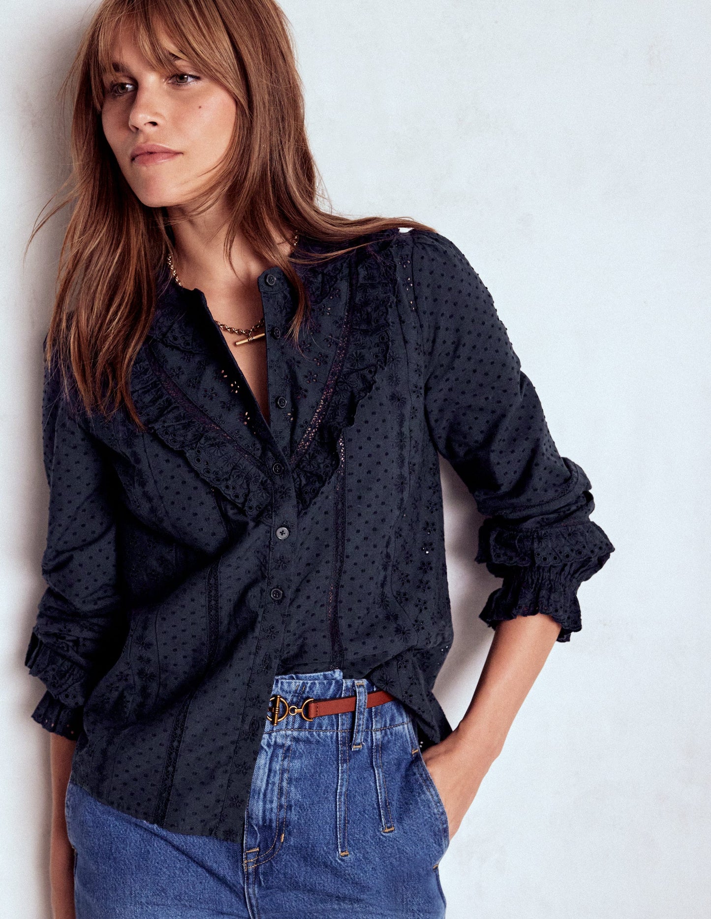 Broderie Ruffle Top-Navy