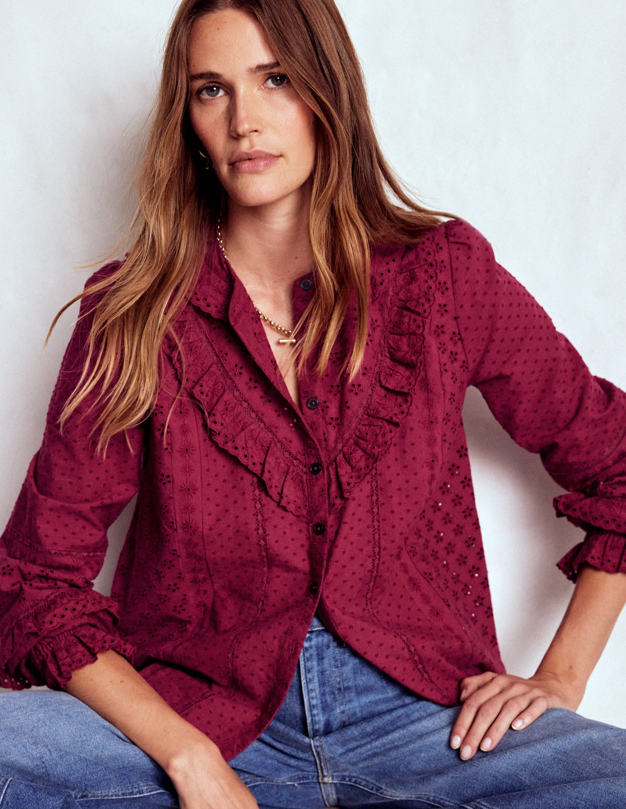Broderie Ruffle Top-Ruby Red - Image 1