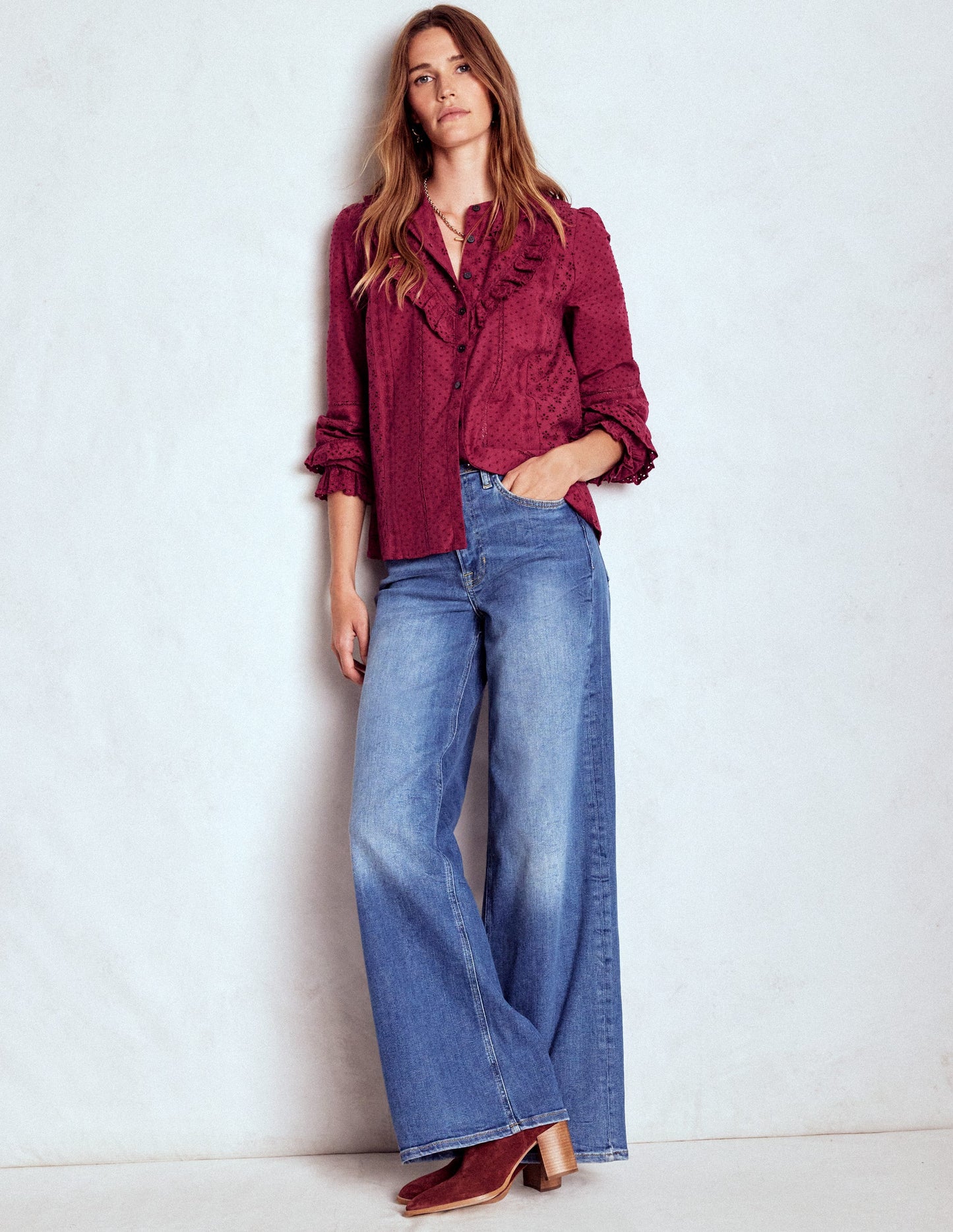 Broderie Ruffle Top-Ruby Red