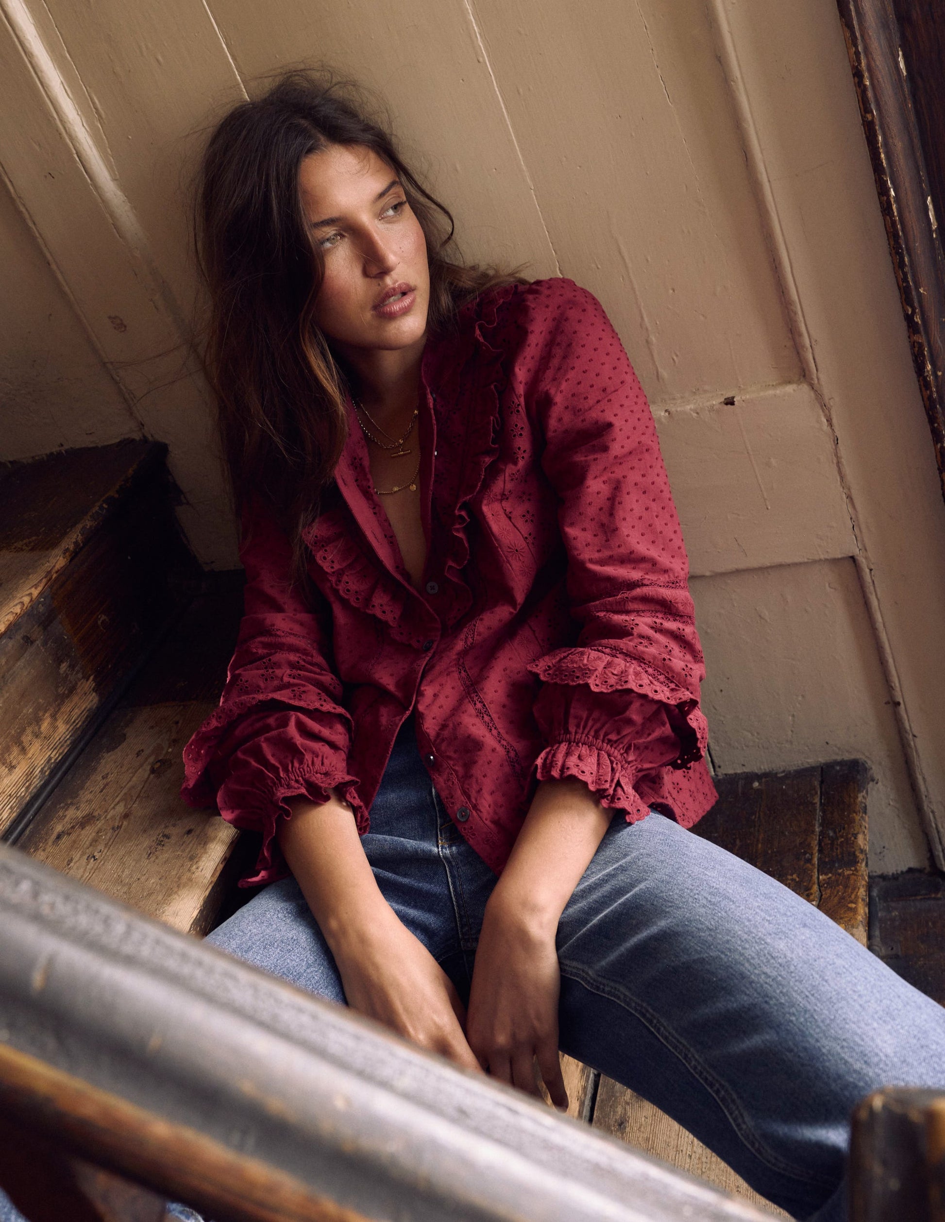 Broderie Ruffle Top-Ruby Red-5