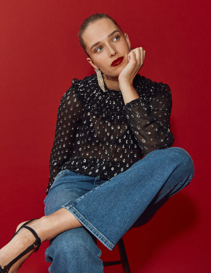 Metallic Ruffle Collar Top-Black, Lurex Clip-7