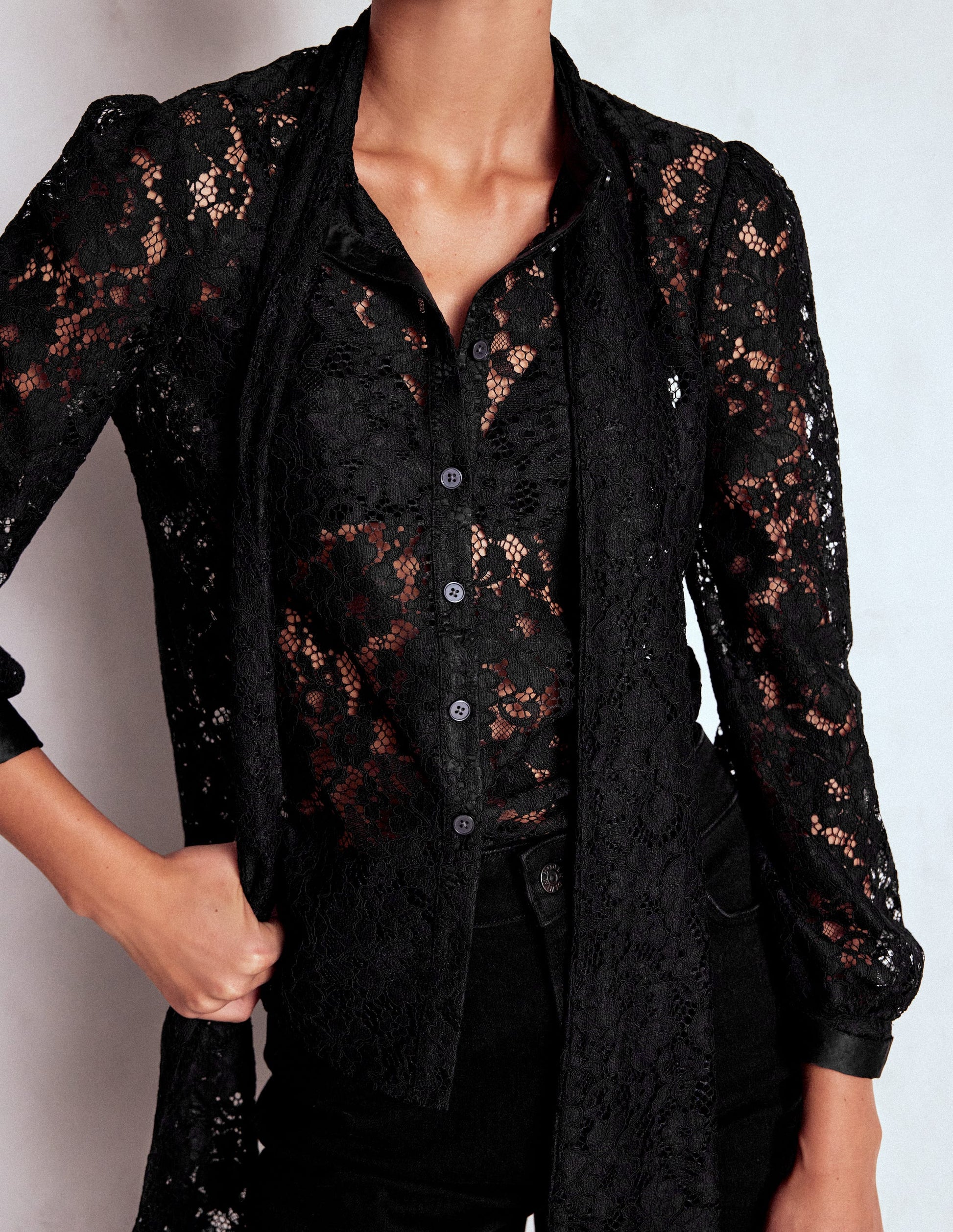 Lace Tie Neck Top-Black-2