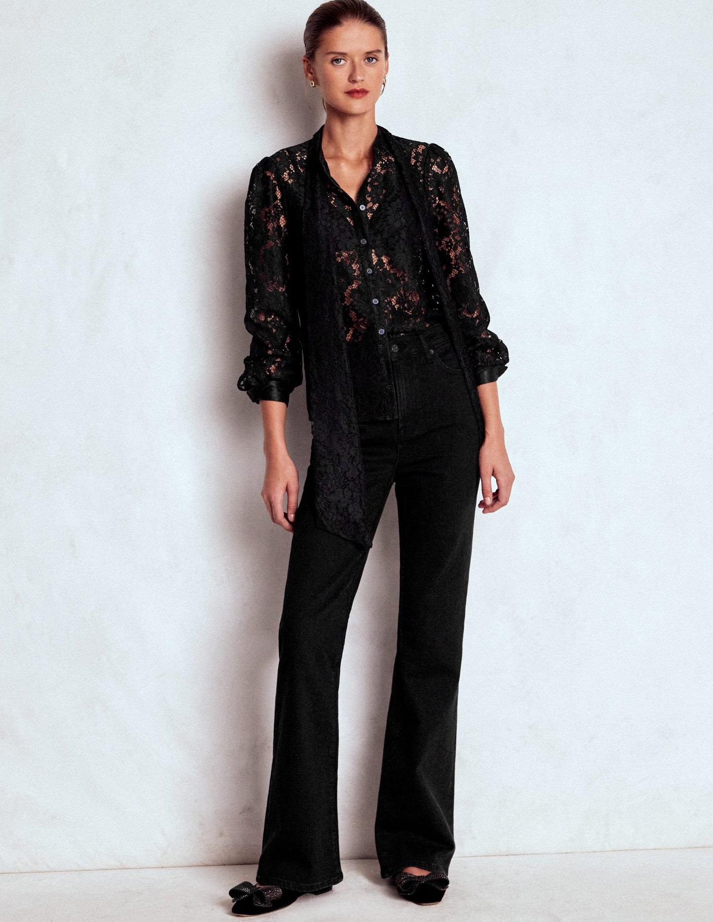 Lace Tie Neck Top-Black