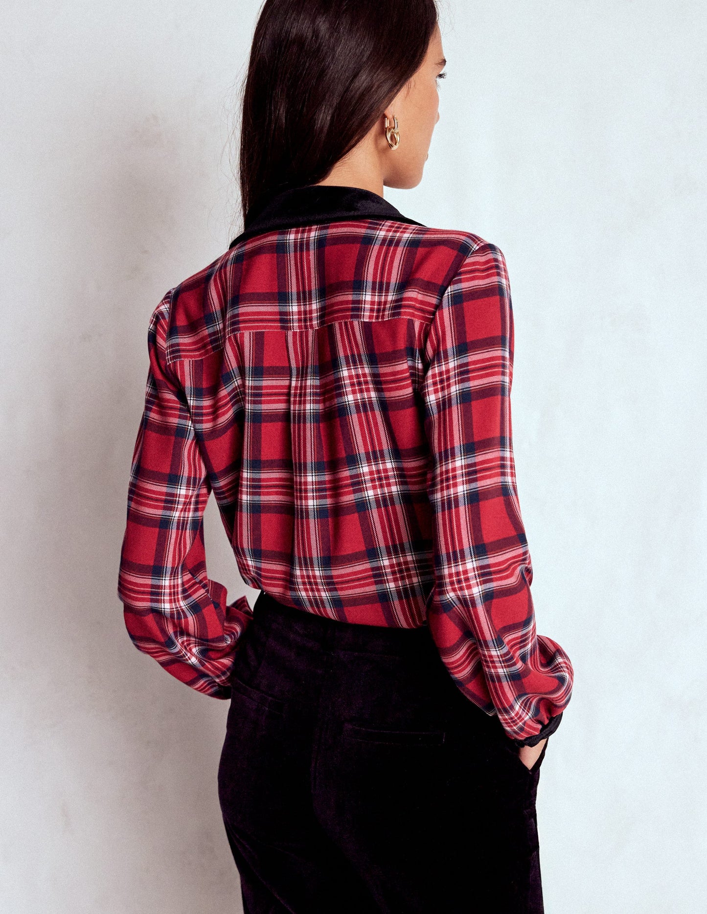 Velvet Collared Check Shirt-Red Check