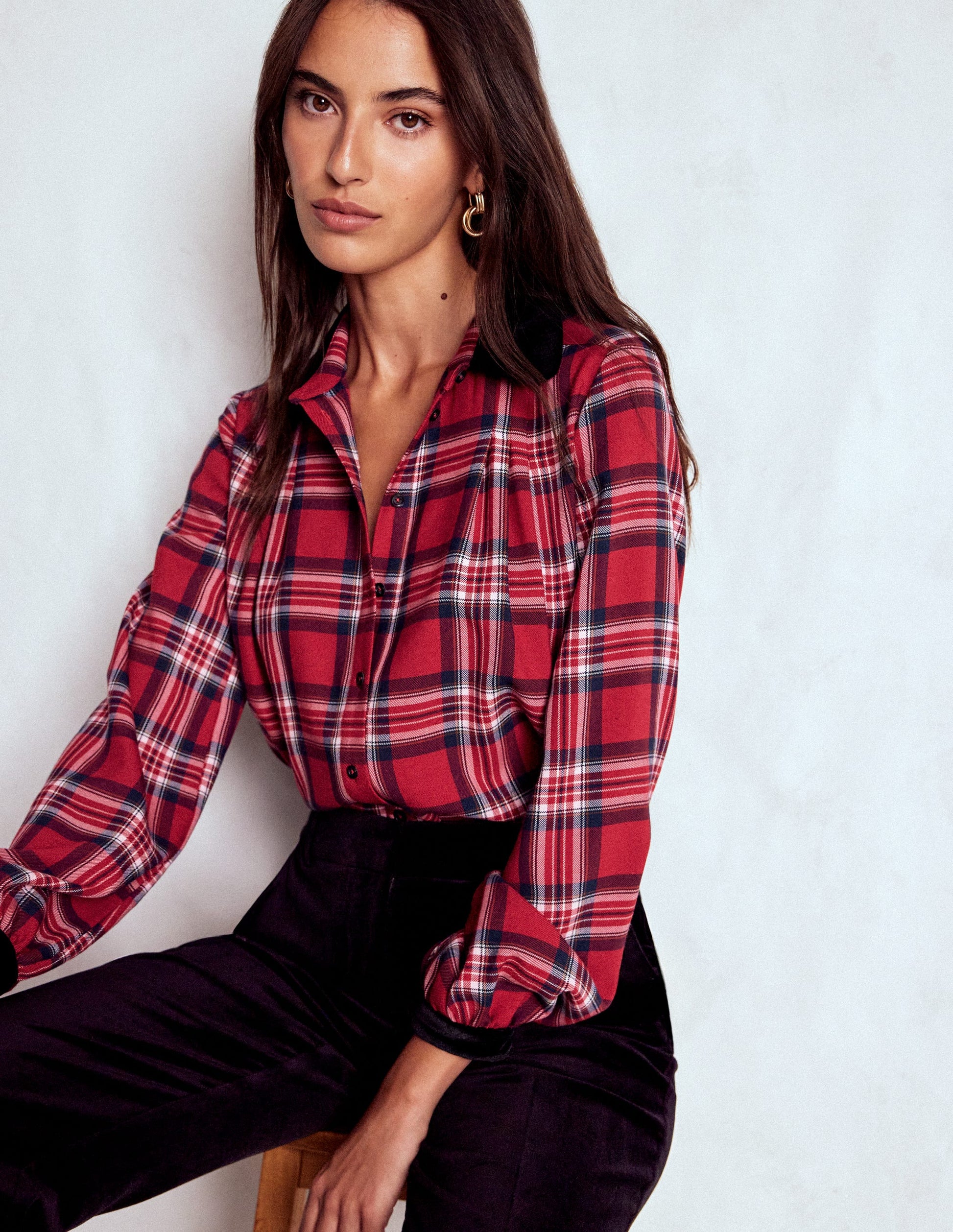Velvet Collared Check Shirt-Red Check Velvet Collared Check Shirt-Red Check