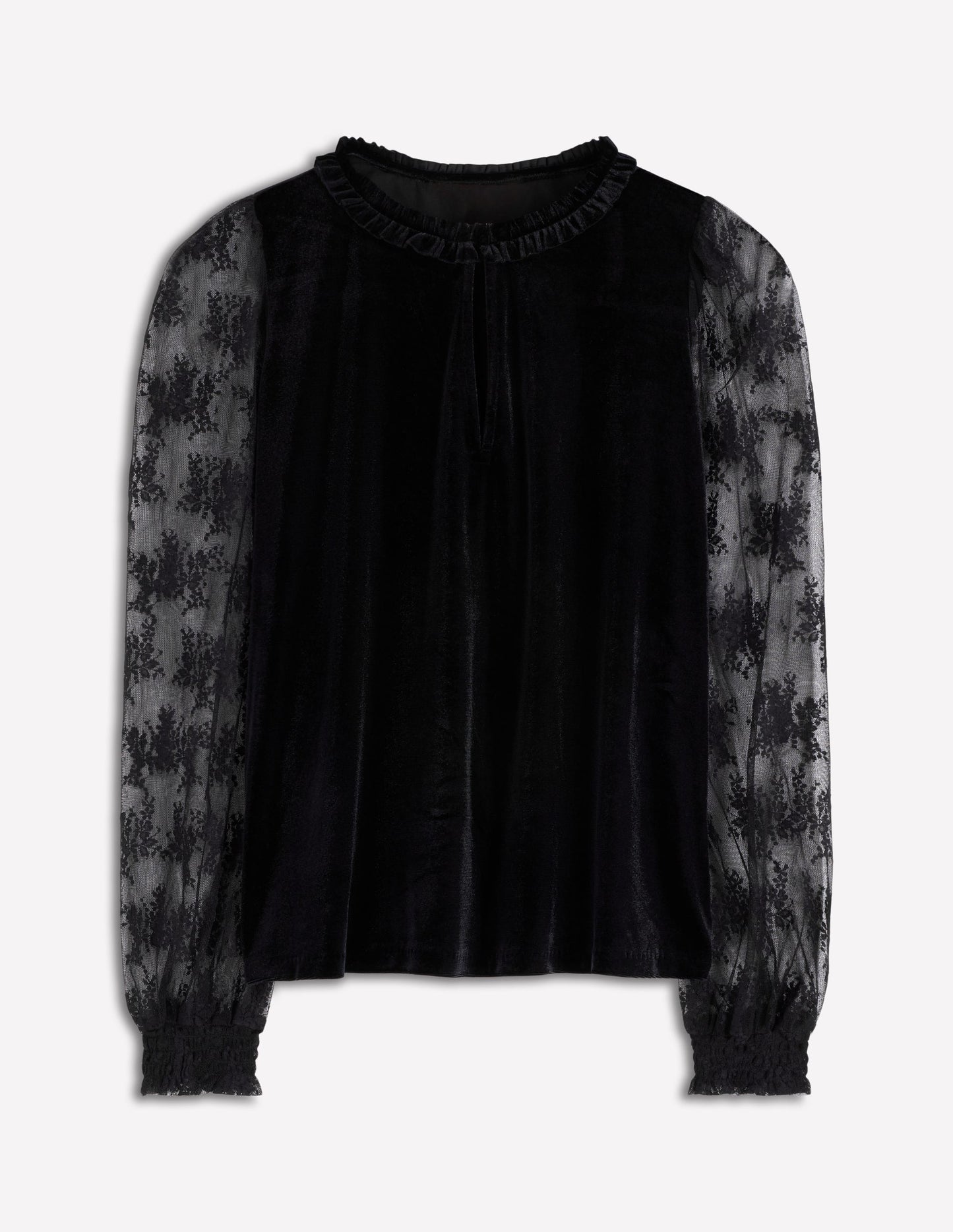 Mixed Media Puff Velvet Top-Black