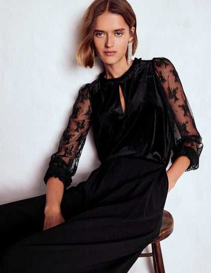 Mixed Media Puff Velvet Top-Black-1