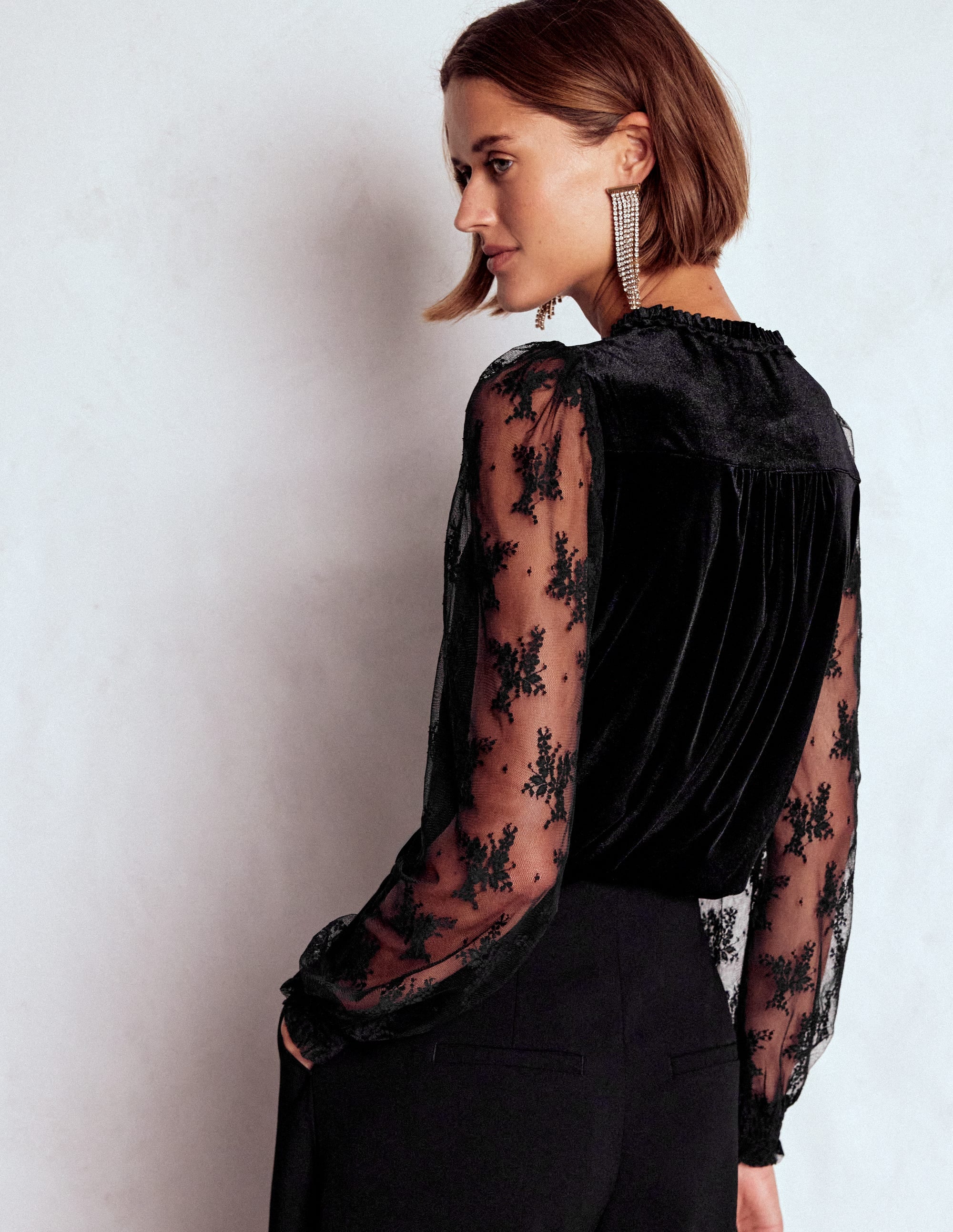 Mixed Media Puff Velvet Top-Black - Image 3