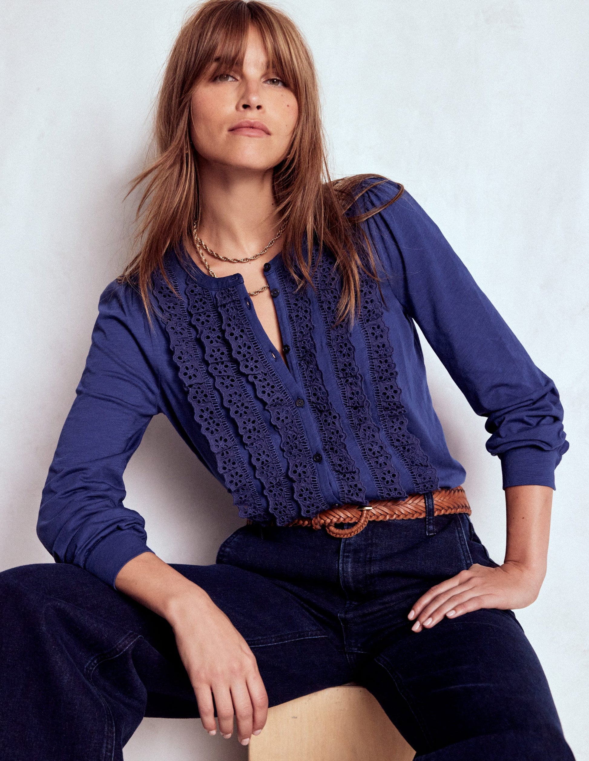 Broderie Ruffle Jersey Shirt-Starboard Blue-1