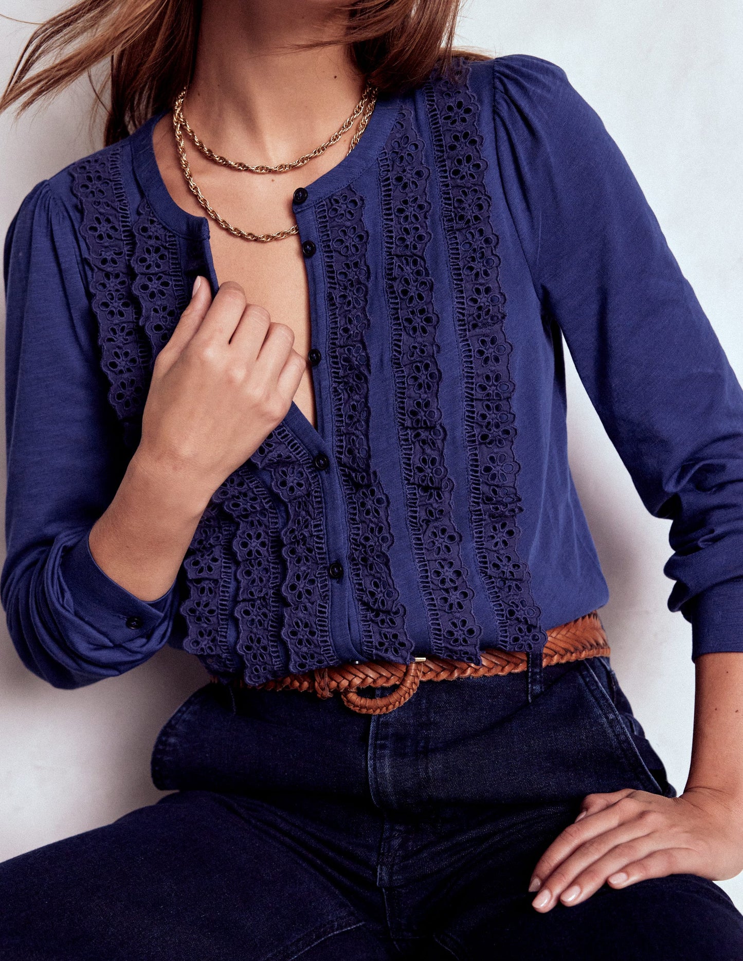 Broderie Ruffle Jersey Shirt-Starboard Blue