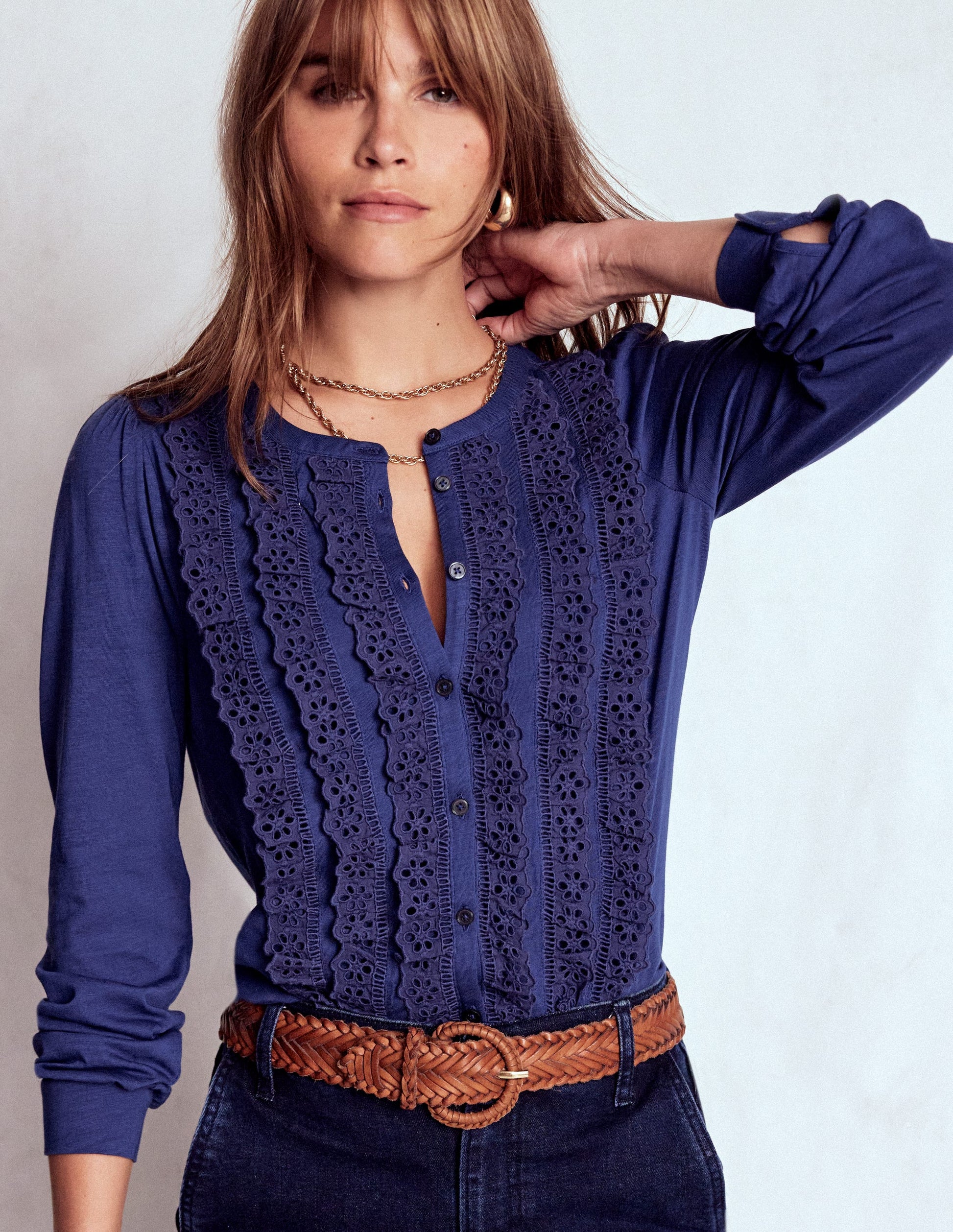 Broderie Ruffle Jersey Shirt-Starboard Blue-4