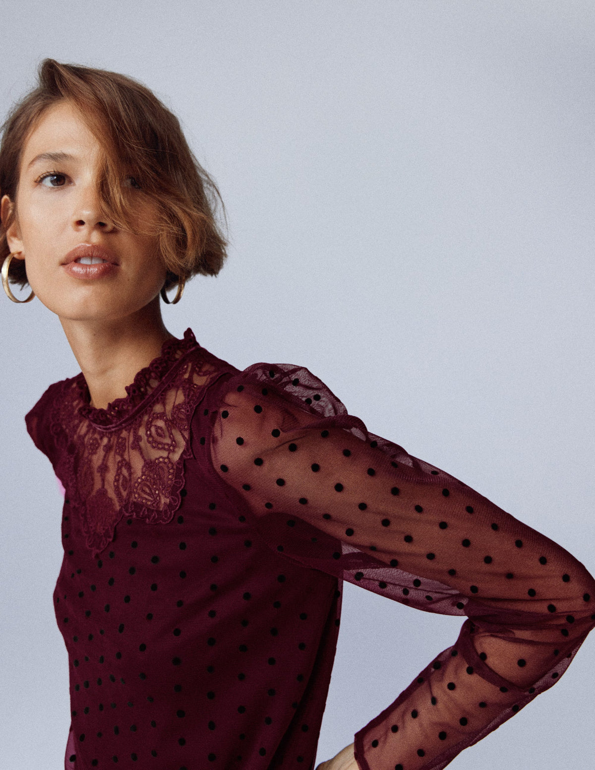 Tulle Yoke Embroidered Top-Dark Cherry - Image 5