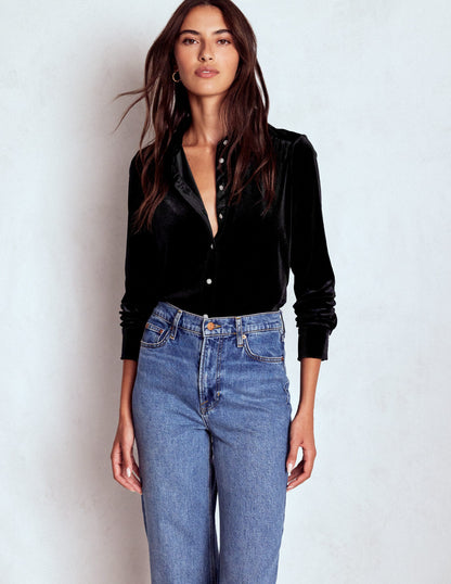 Jewel Button Velvet Shirt-Black-4