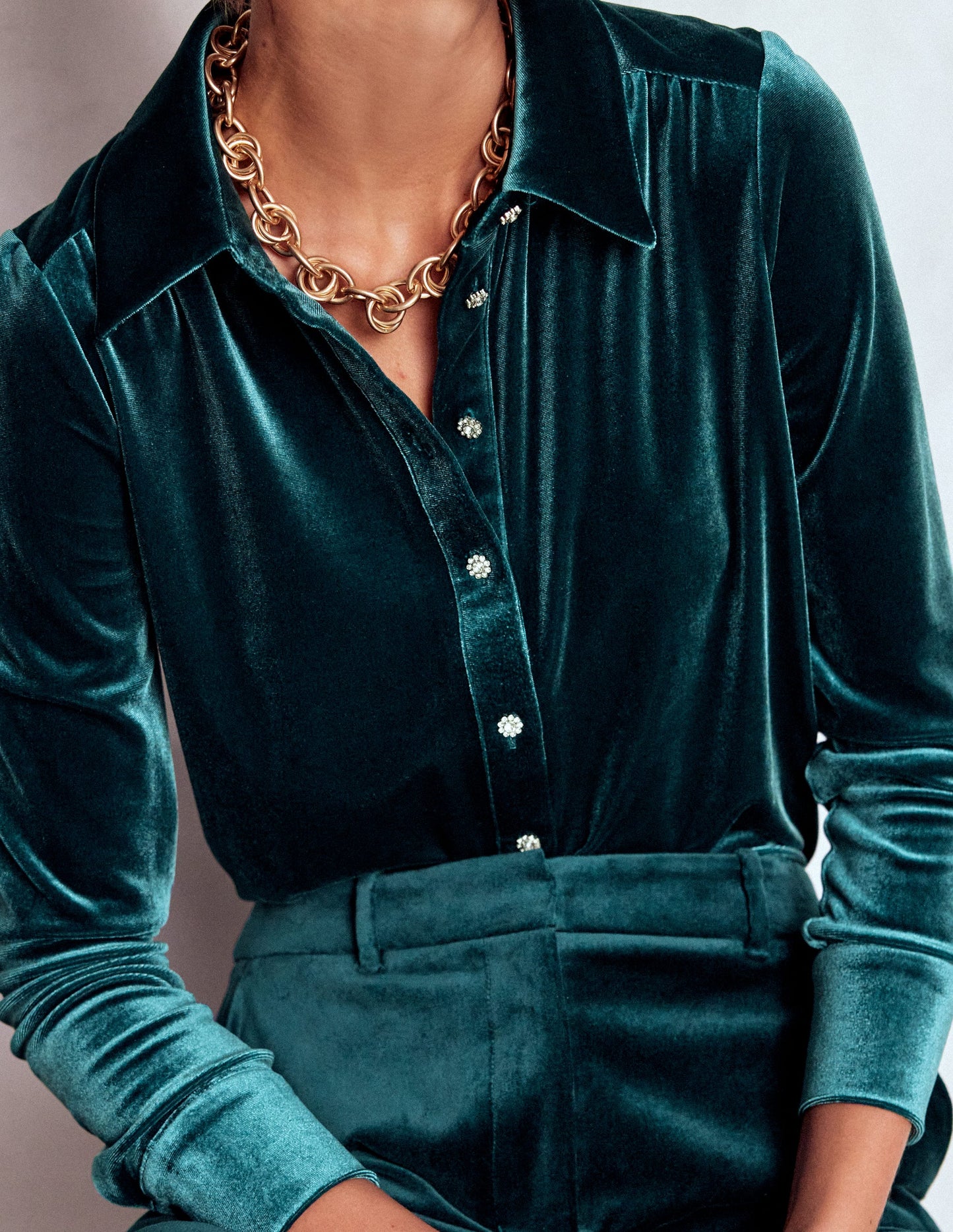 Jewel Button Velvet Shirt-Midnight Teal