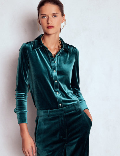 Jewel Button Velvet Shirt-Midnight Teal-4
