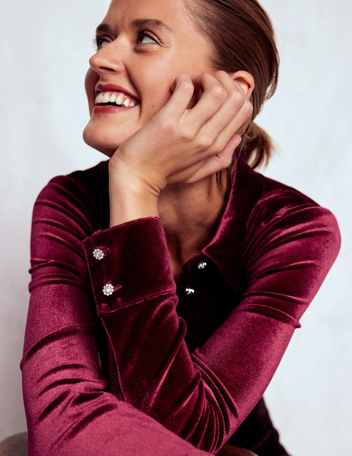 Jewel Button Velvet Shirt-Ruby Red