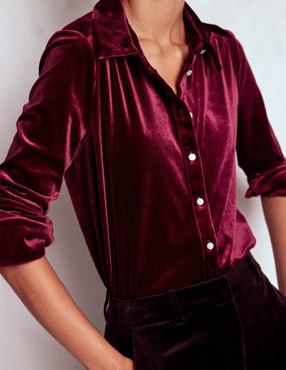 Jewel Button Velvet Shirt-Ruby Red-2