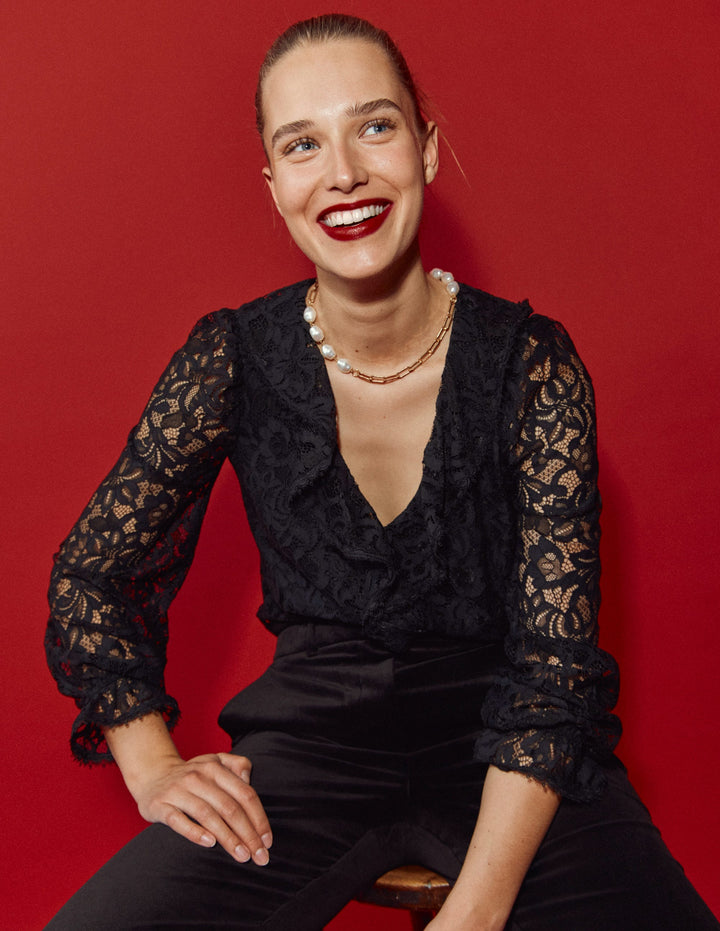 Ruffle Detail Lace Blouse-Black