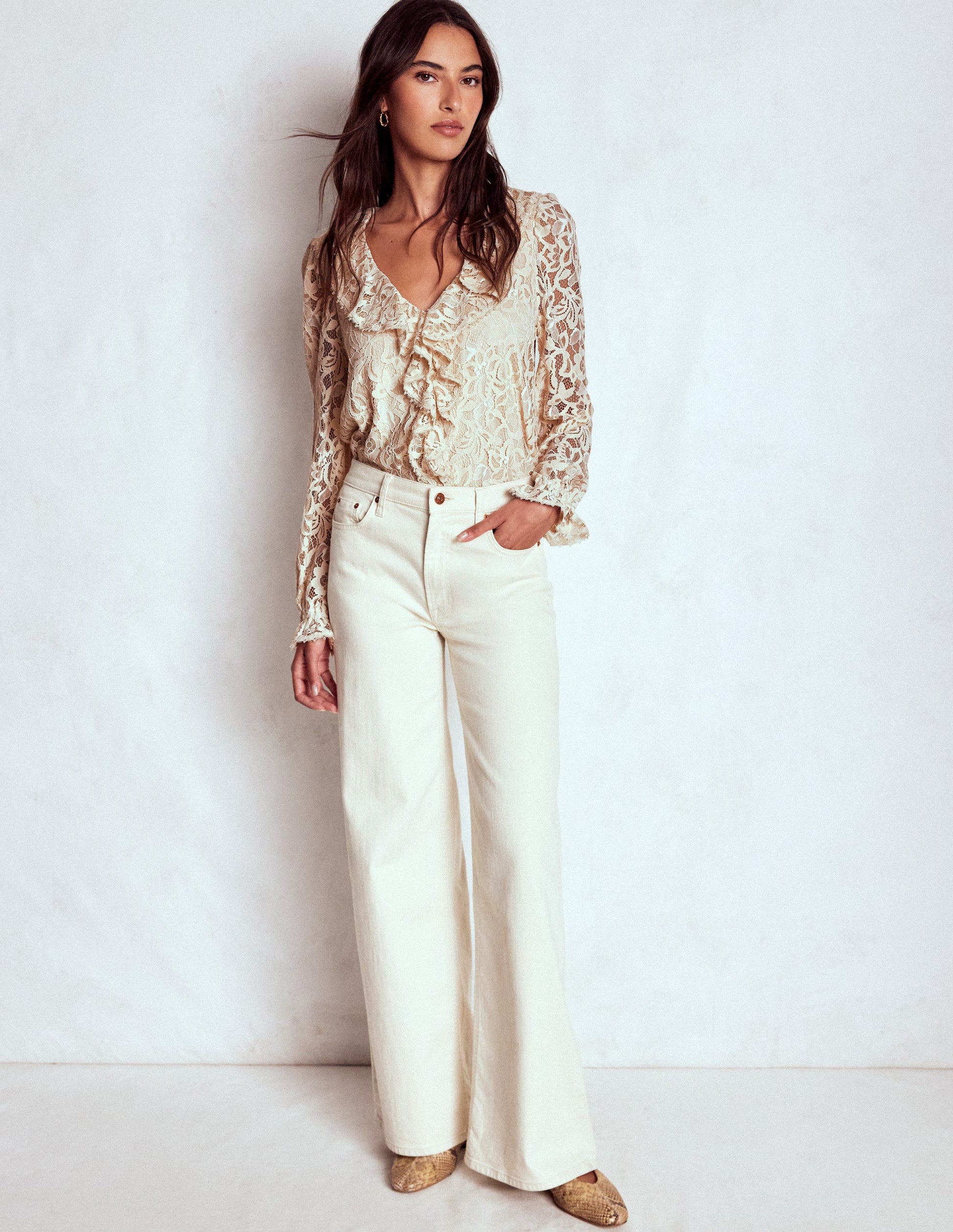 Boden Women's Ruffle Detail Lace Blouse in White | Size 14 Boden Women's Ruffle Detail Lace Blouse in White | Size 14