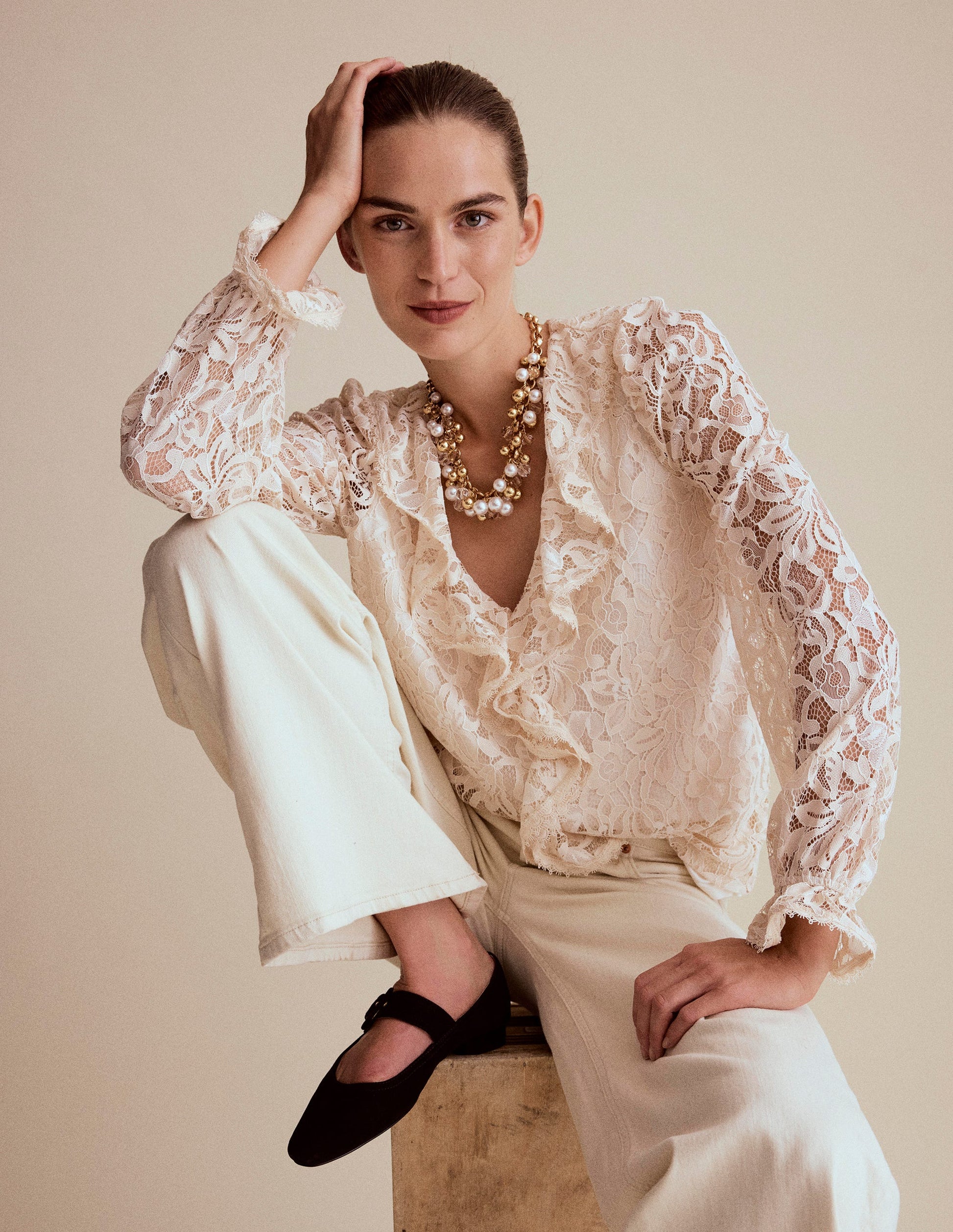 Ruffle Detail Lace Blouse-Ivory-5