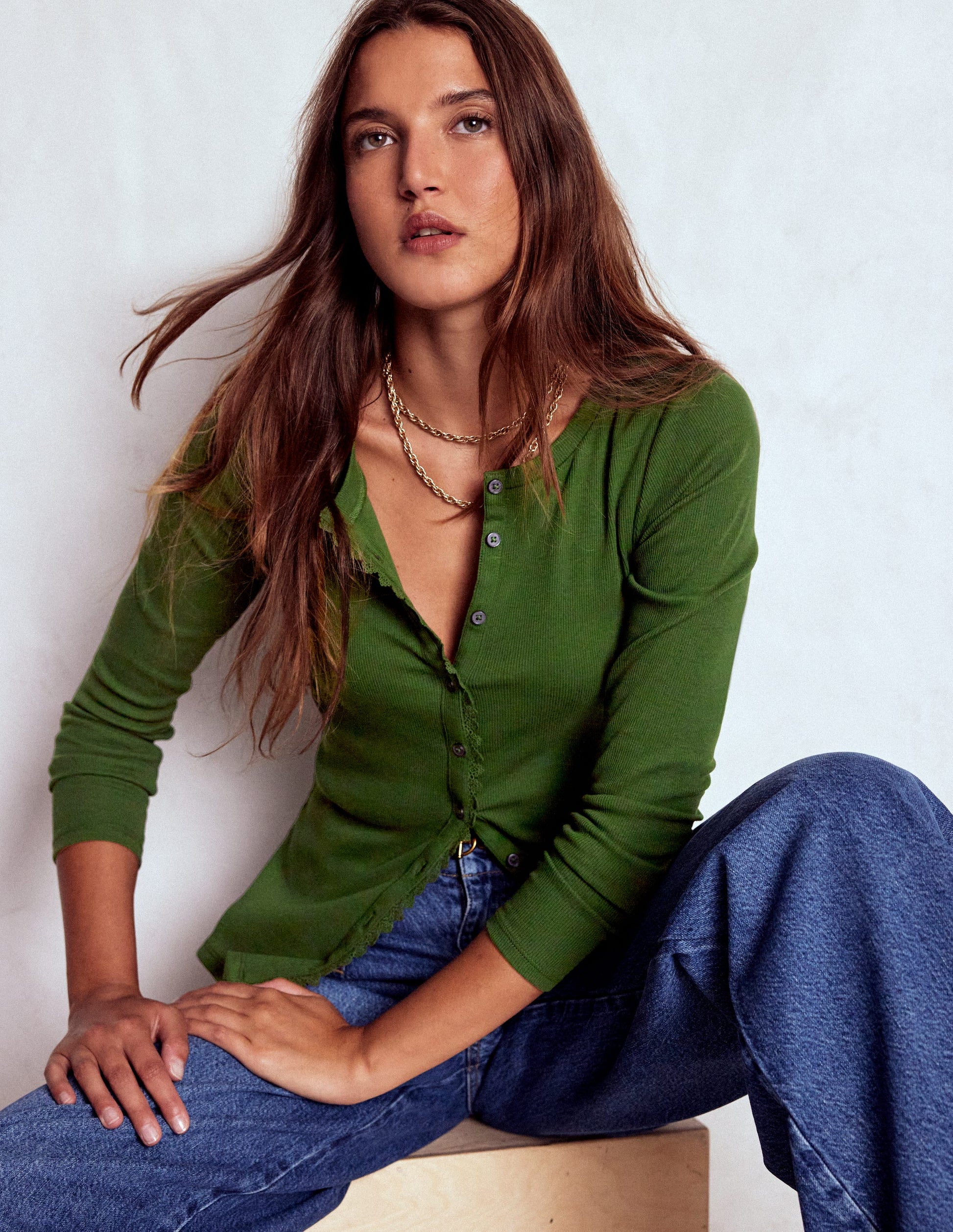 Evie Button Through Ribbed Top-Green Fir-1