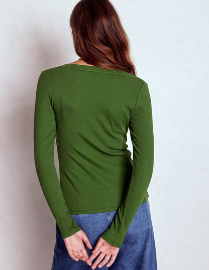 Evie Button Through Ribbed Top-Green Fir-3