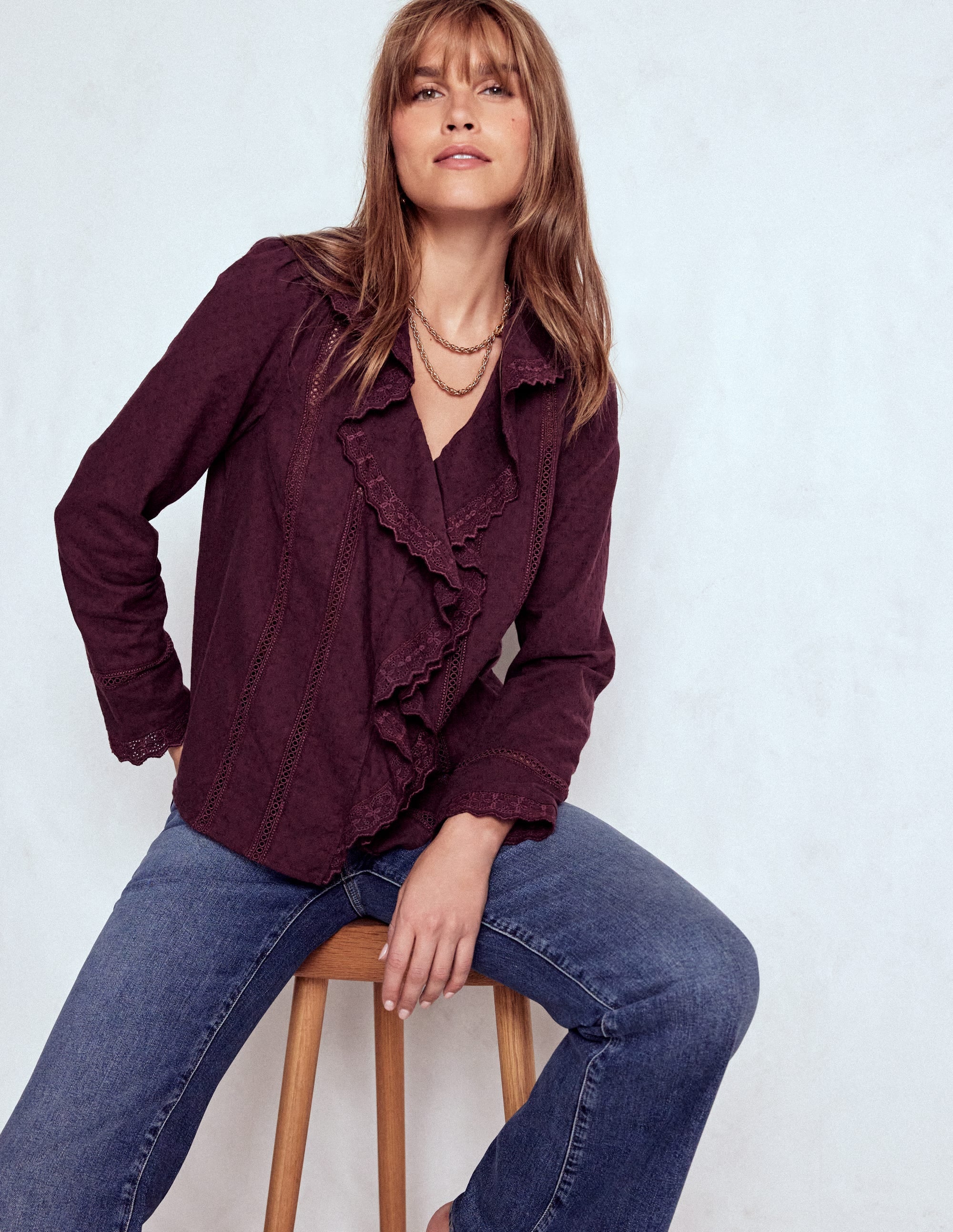 yuyu　Verybrain frill cotton blouse AERIN BLOUSE - CAMEL WHITE TYLER STRIPE STRETCH COTTON POPLIN