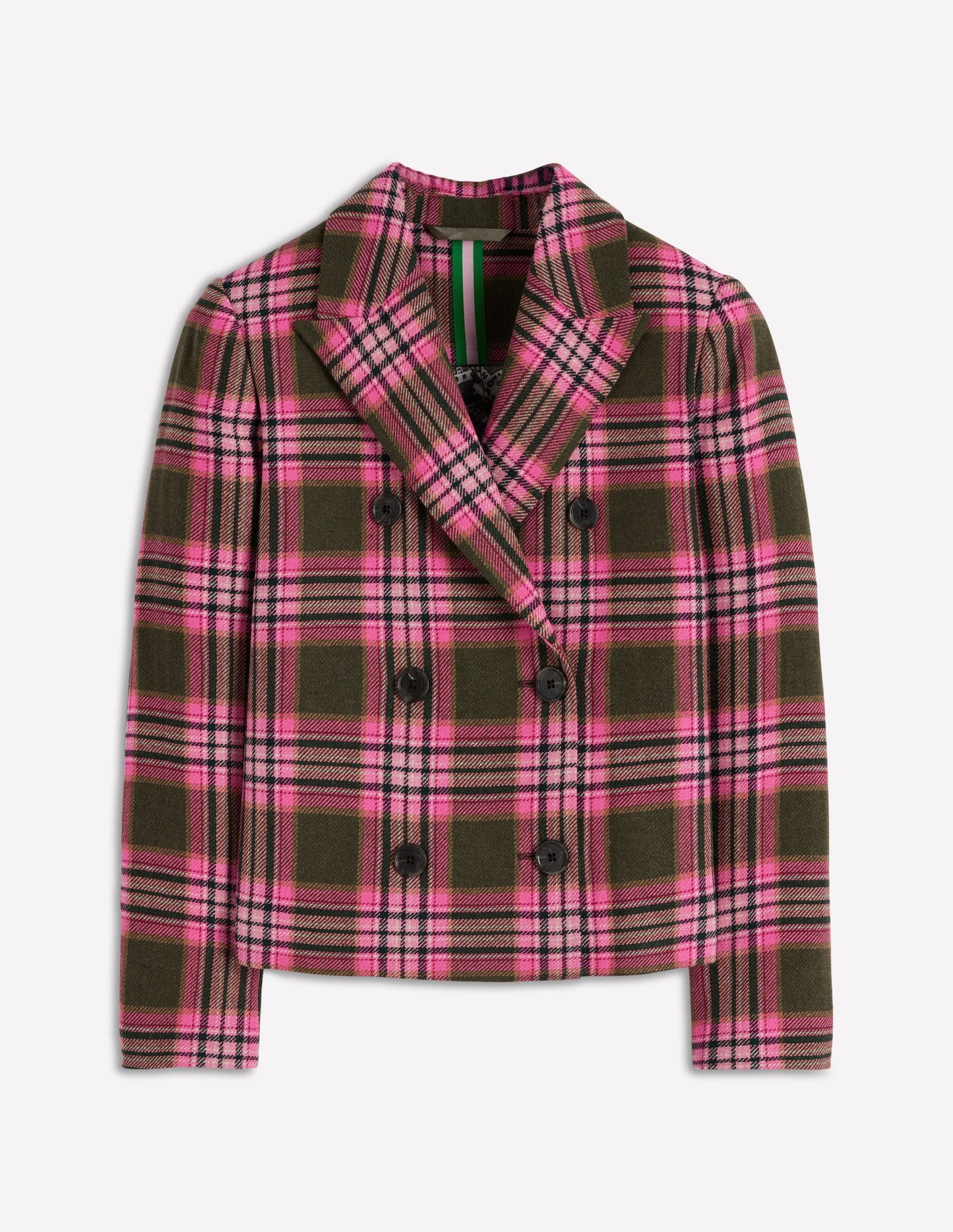 Boxy Double Breasted Blazer-Olive Green and Pink Check