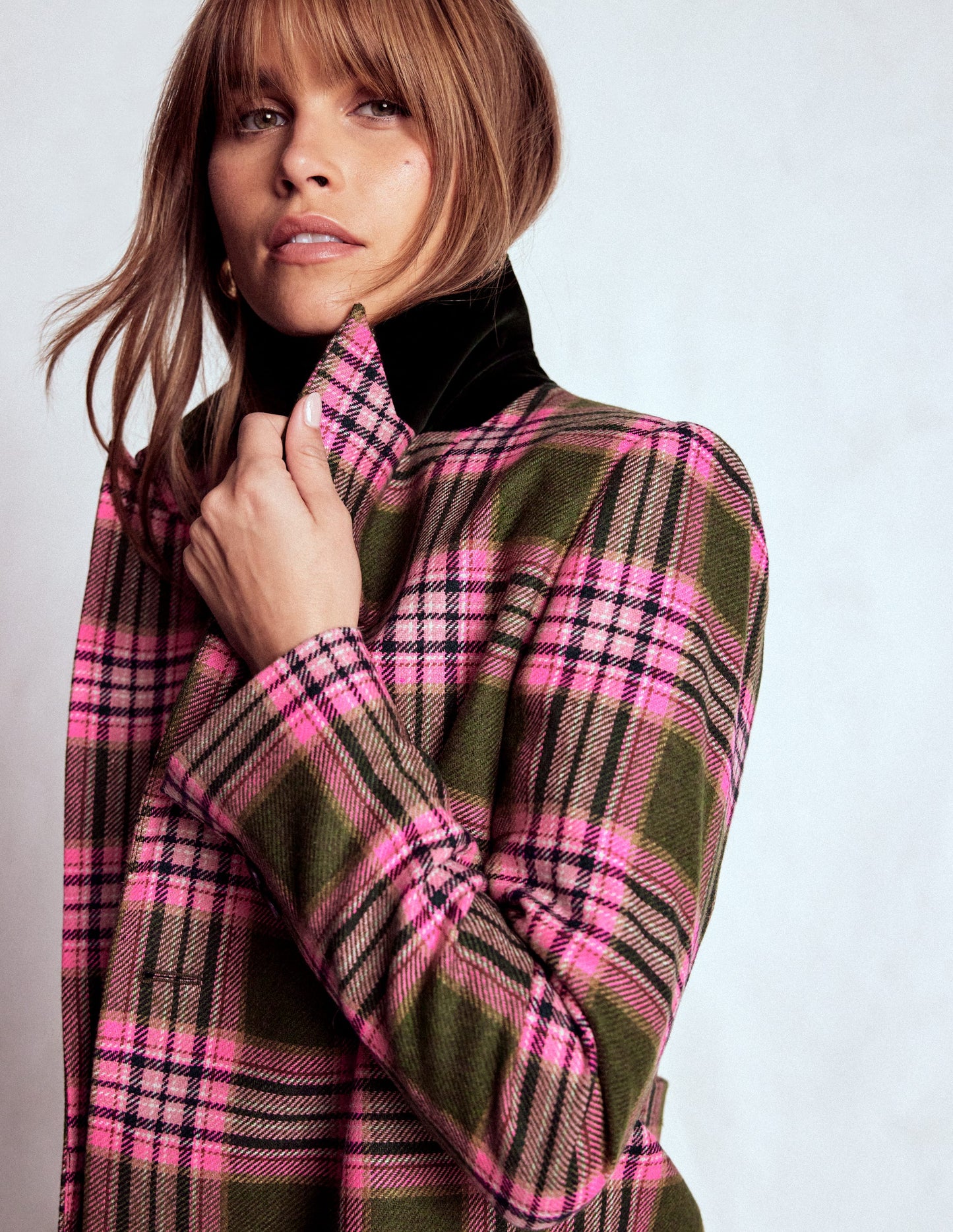 Boxy Double Breasted Blazer-Olive Green and Pink Check