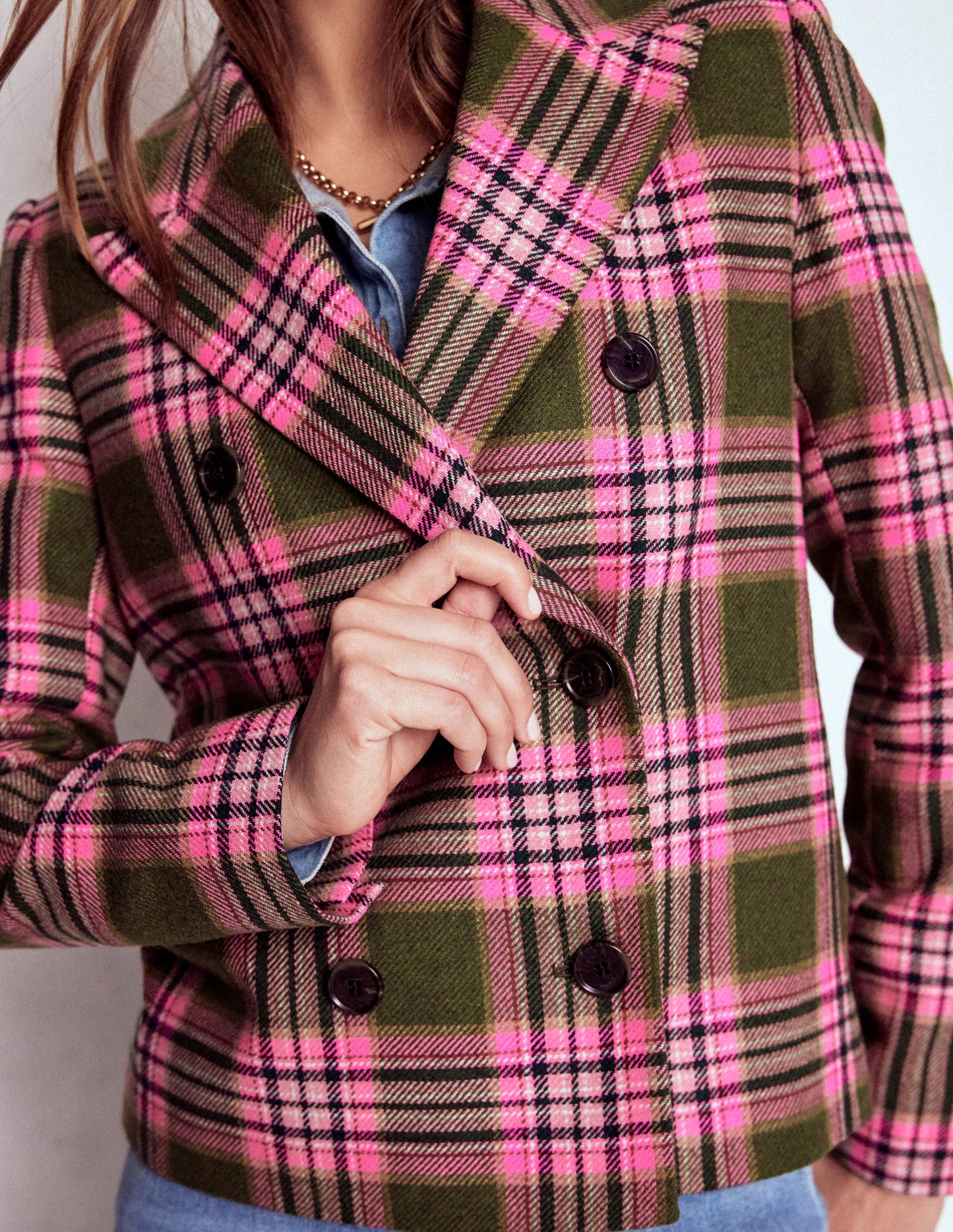 Boxy Double Breasted Blazer-Olive Green and Pink Check