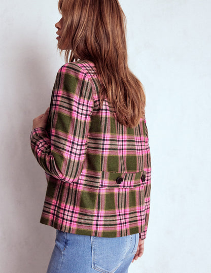 Boxy Double Breasted Blazer-Olive Green and Pink Check-3