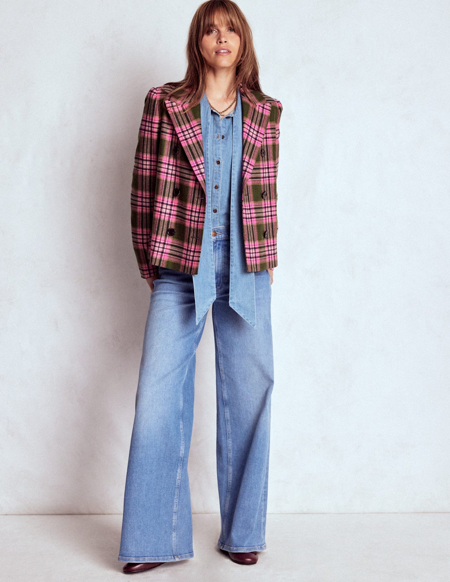 Boxy Double Breasted Blazer-Olive Green and Pink Check