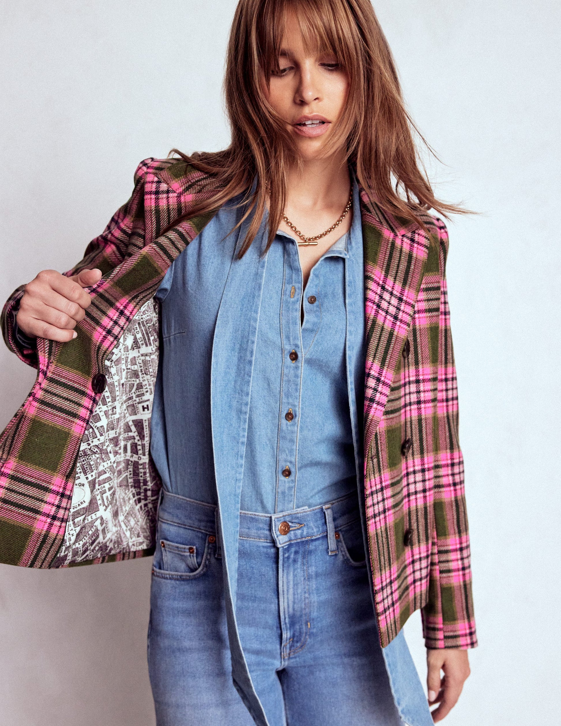 Boxy Double Breasted Blazer-Olive Green and Pink Check-5