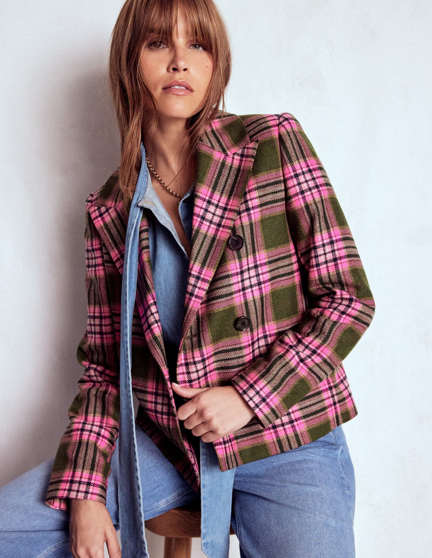 Boxy Double Breasted Blazer-Olive Green and Pink Check