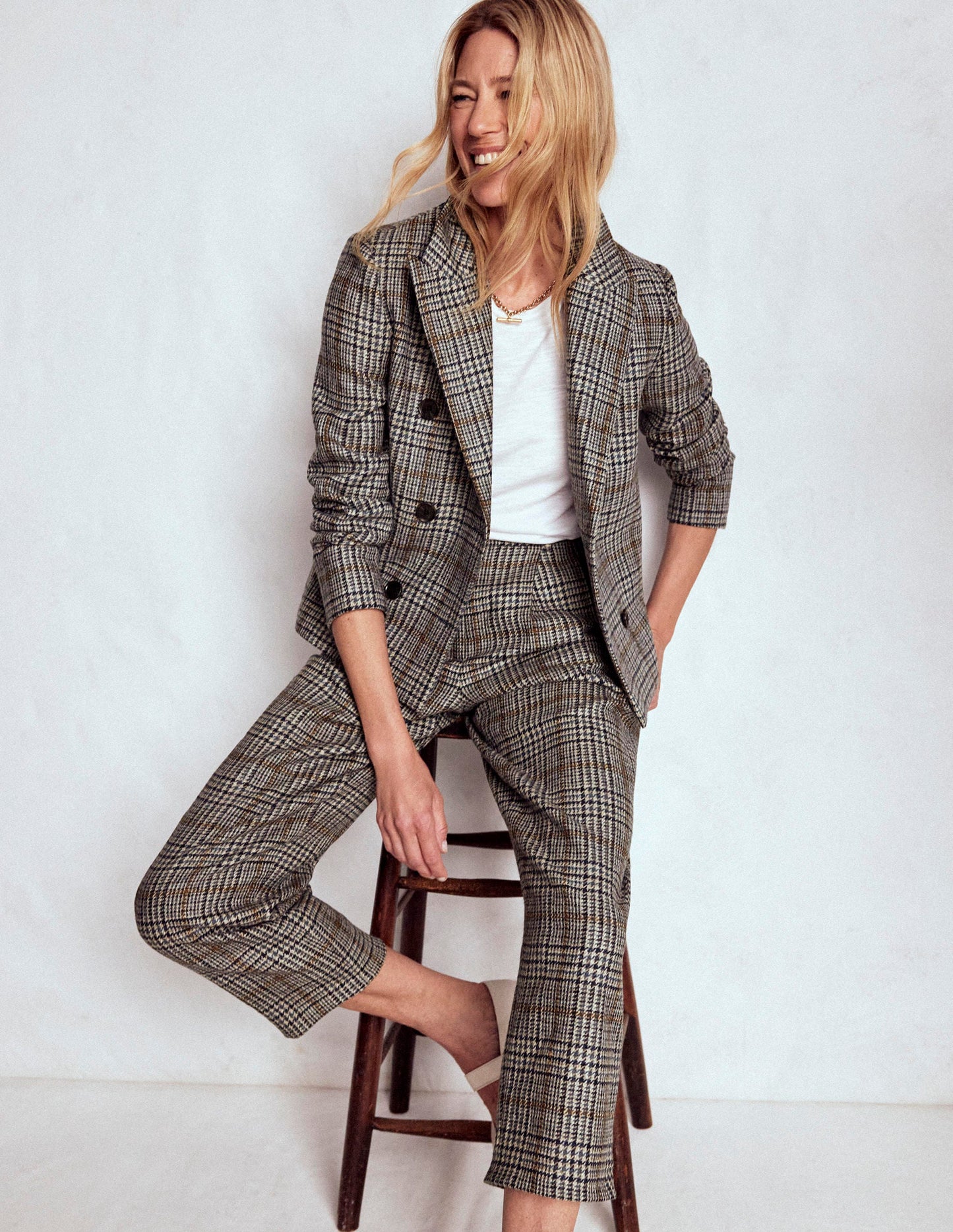 Boxy Double Breasted Blazer-Blue and Grey Prince of Wales