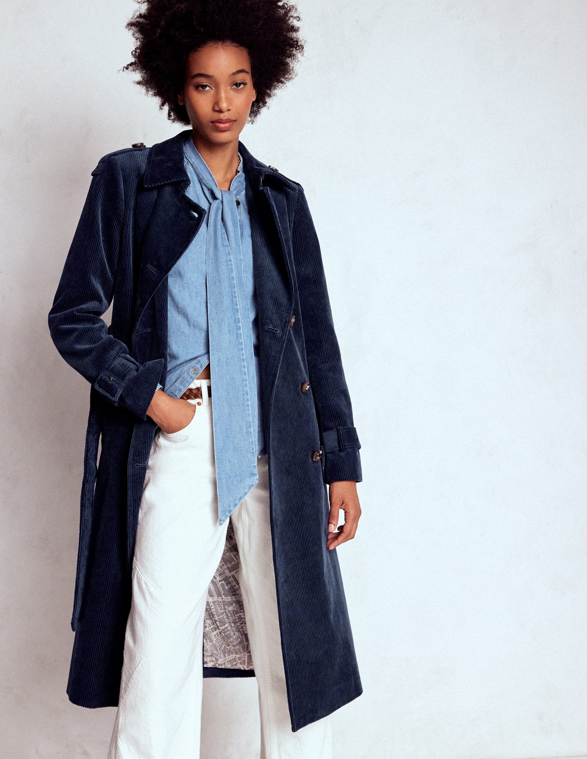 Cheltenham Cord Trench Coat-Navy Boden USA - Main Image