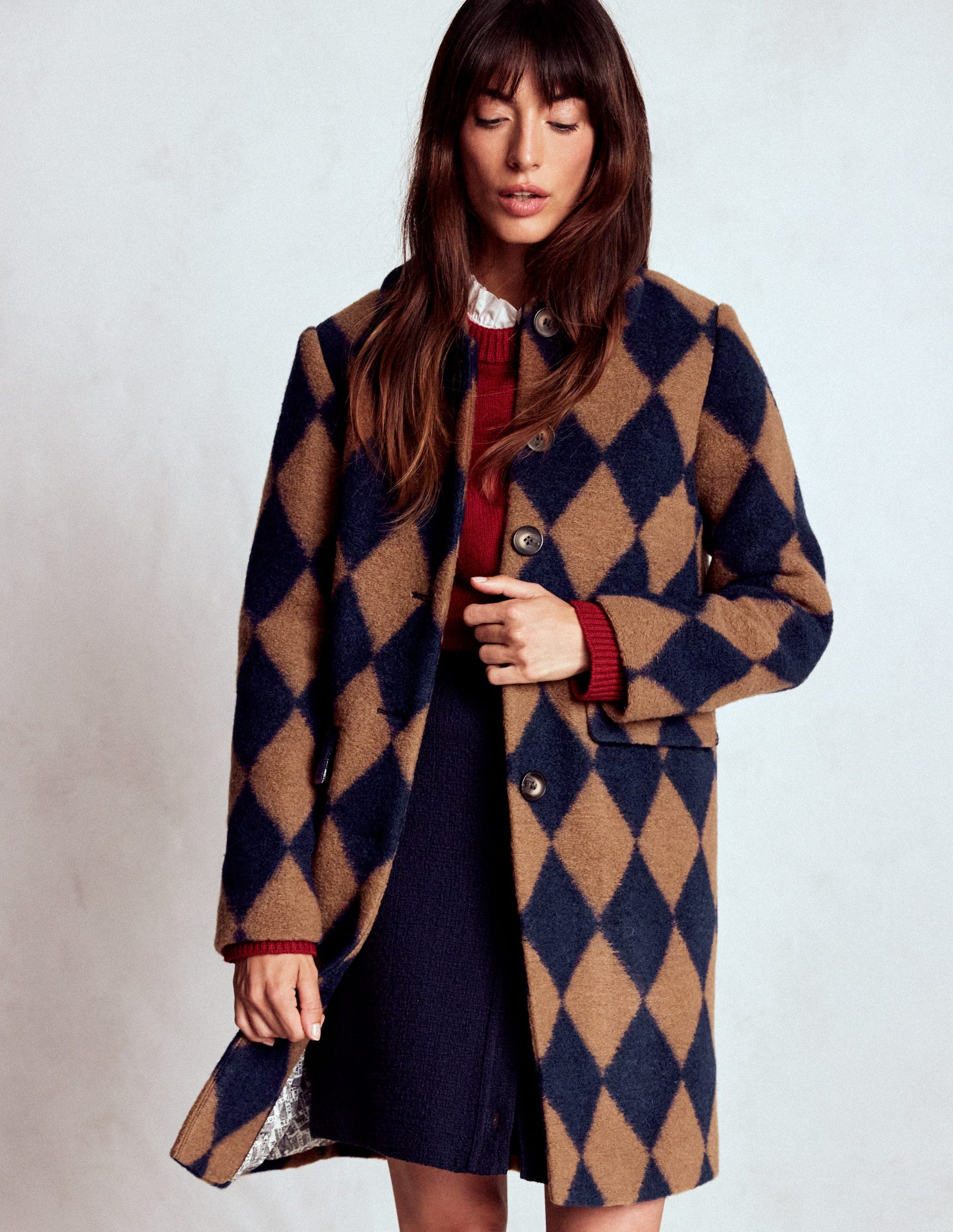 Edinburgh Swing Coat-Camel and Navy Argyle-1